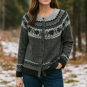 Eddie Bauer Fair Isle Beaded Cardigan Gray Black XXL Tall NWT Lambswool